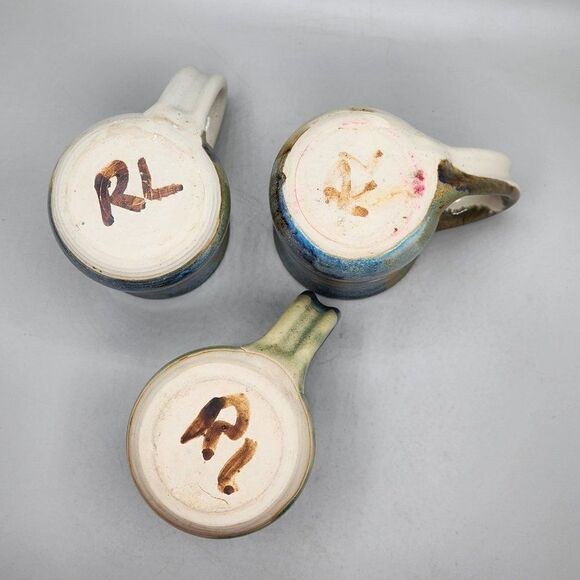 Studio Pottery Mug Thumb Rest Blue brown Drip Glaze Signed Eagle Lot Of 3 - Picture 7 of 7
